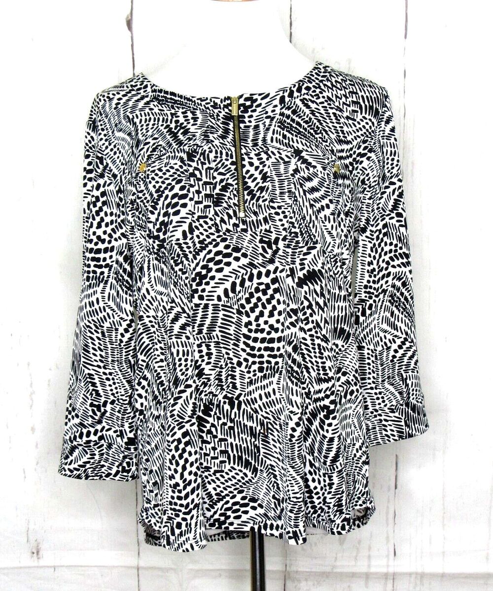 Ellen Tracy Women's Size Large 1/4 Zip Top 3/4 Sleeve White/Black Geometric